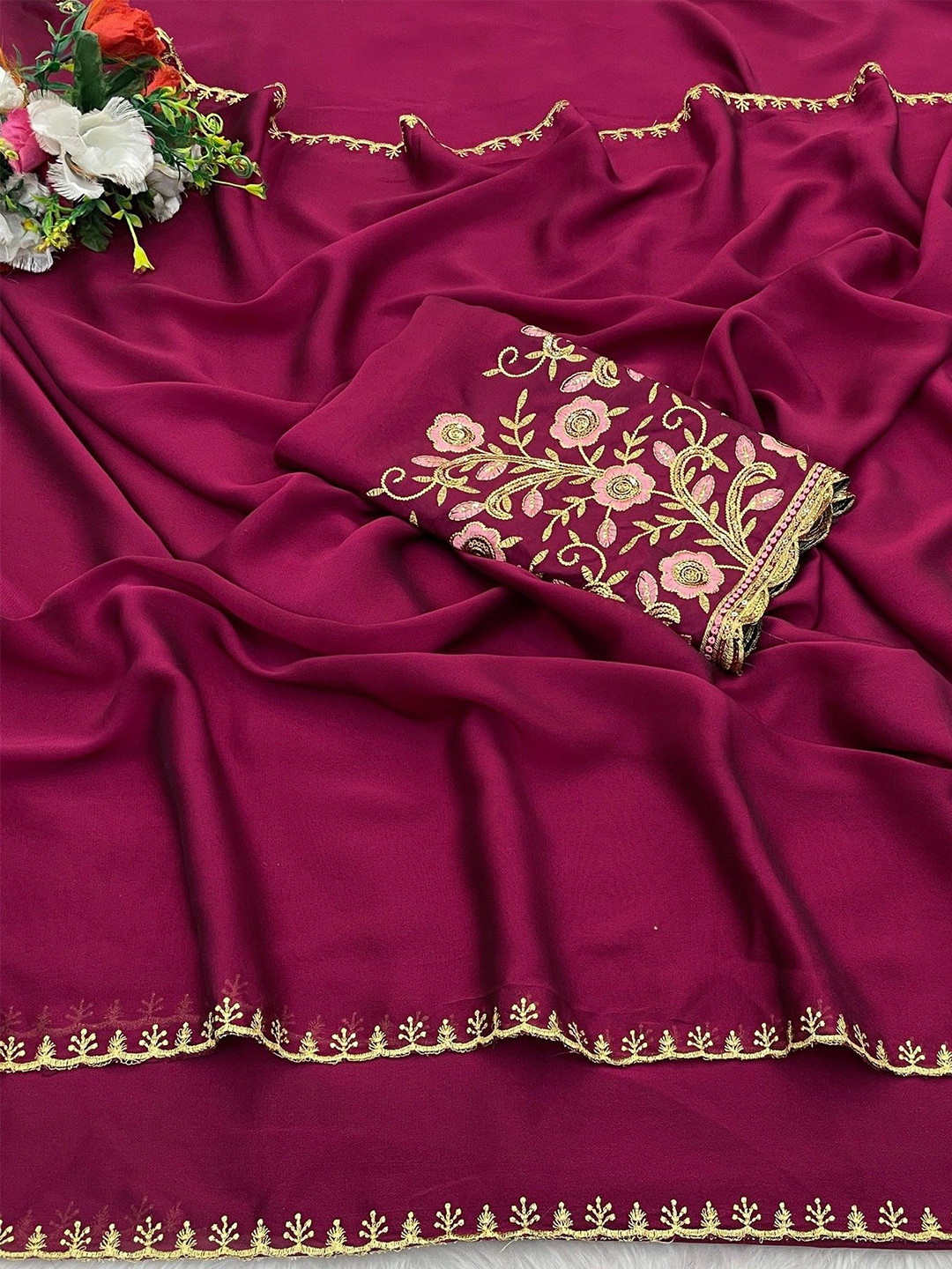 

K 5 Fashion Embroidered Pure Chiffon Saree, Magenta