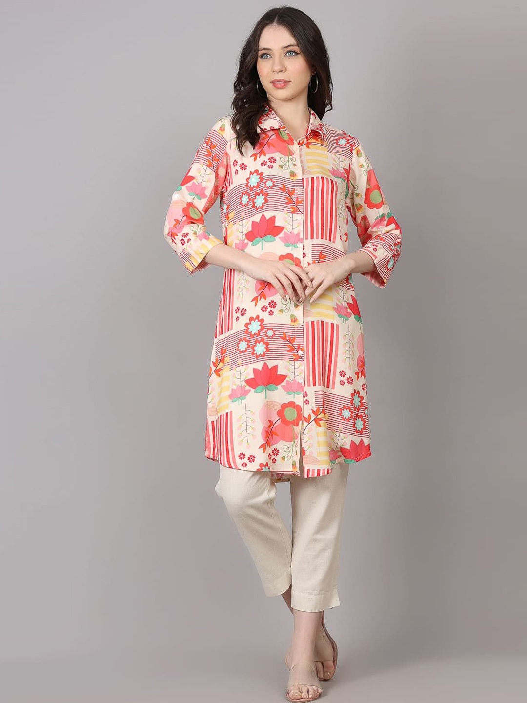 

Krimmple Women Floral Printed Shirt Collar Kurti, Pink