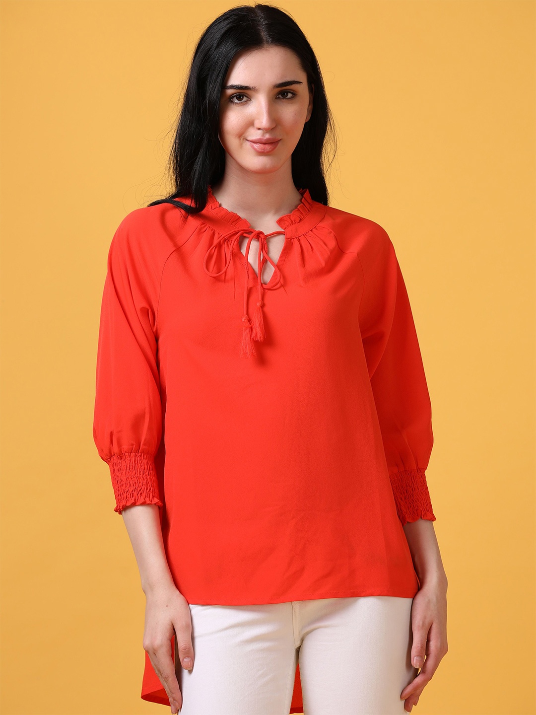 

Hassu's Women Tie-Up Neck Crepe Top, Orange