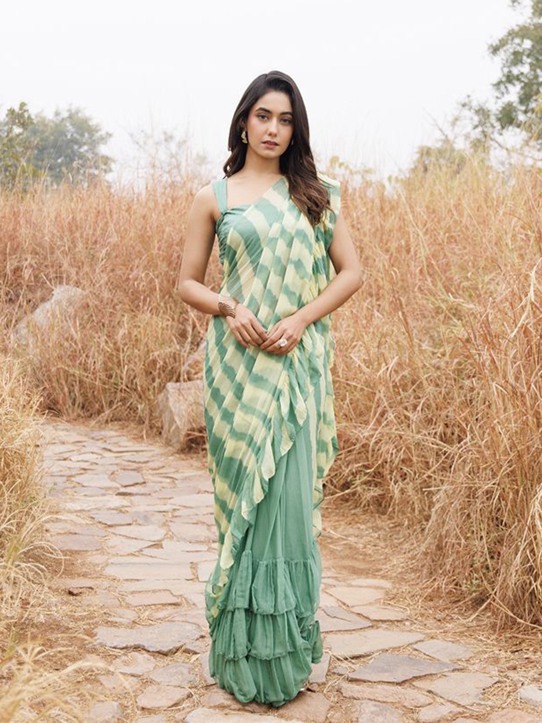 

Geroo Luxe Leheriya Pure Chiffon Ready to Wear Leheriya Saree, Green