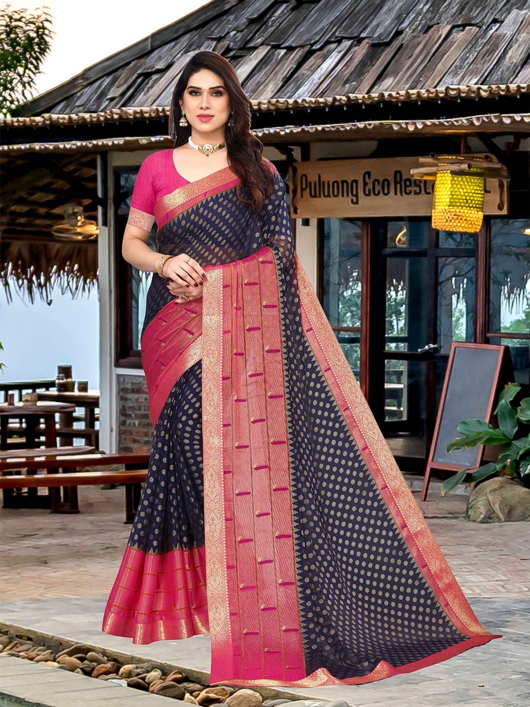 

EMV Woven Design Zari Pure Chiffon Saree, Navy blue