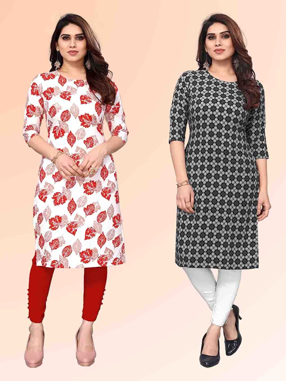 

KETAKI FASHION Selection Of 2 Floral Printed Round Neck Straight Kurtas, Red