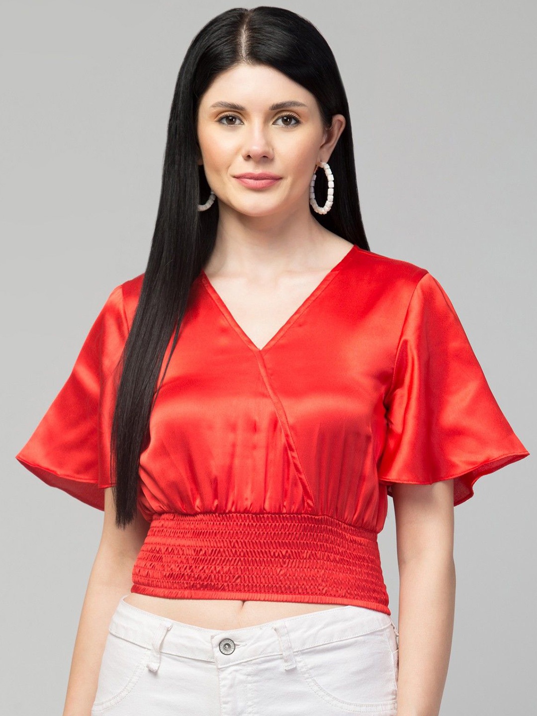 

CULPI Women Flared Sleeve Blouson Crop Top, Red