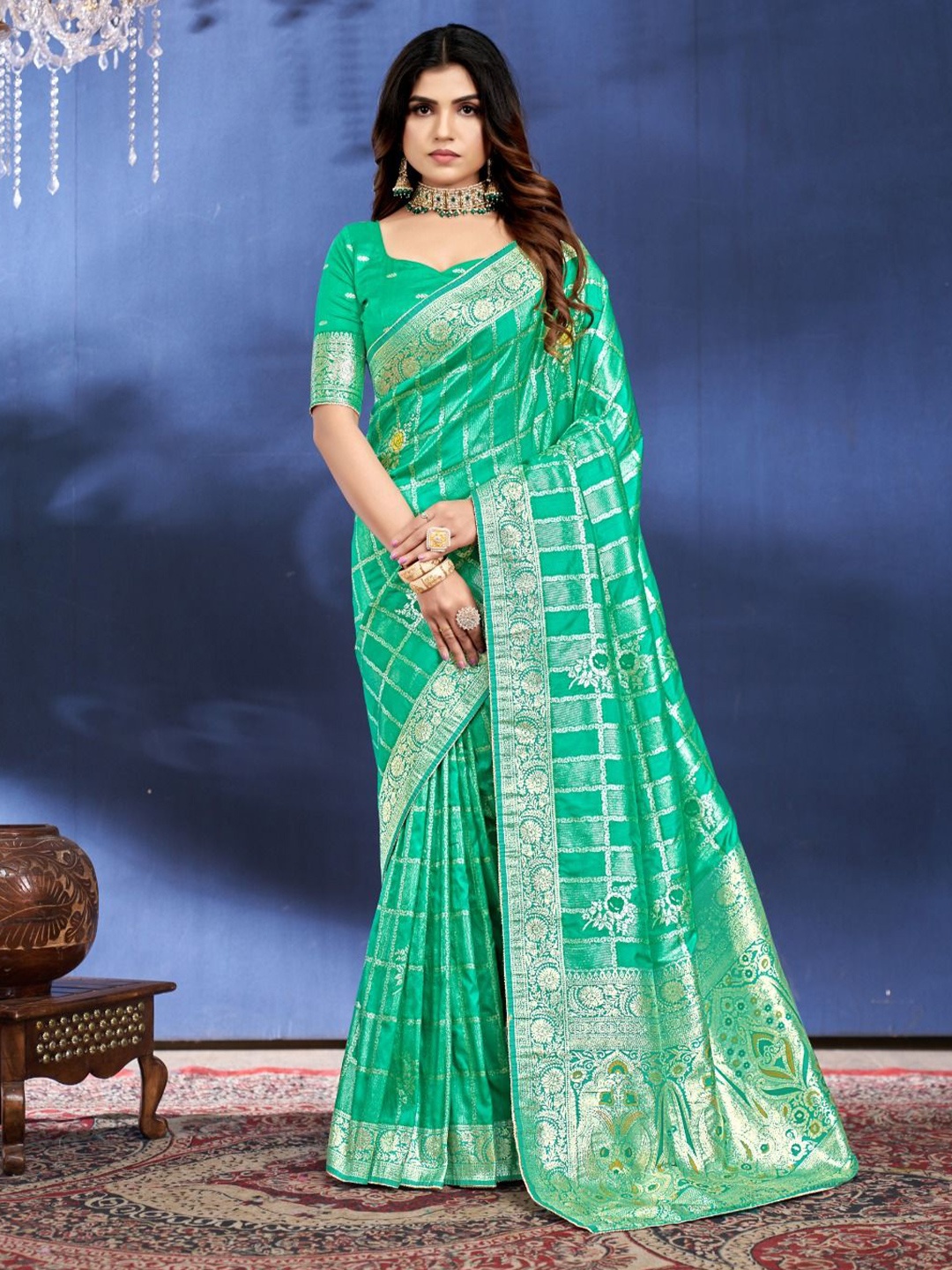 

Aagiri Woven Design Zari Pure Silk Banarasi Saree, Teal