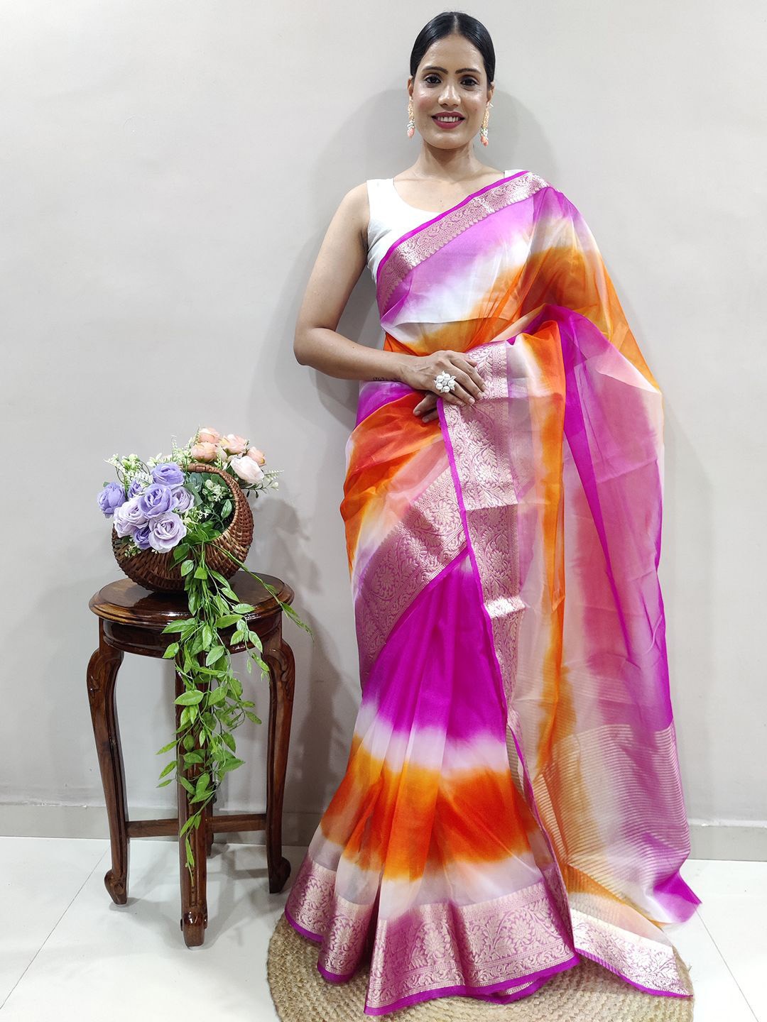 

Mitera Ombre Dyed Zari Organza Saree, Pink