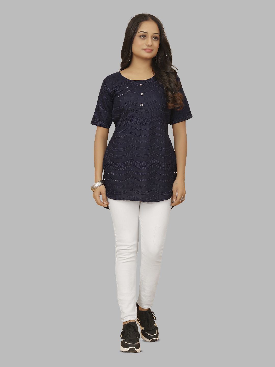 

Krimmple Women Self Design Embroidered Cotton Top, Blue