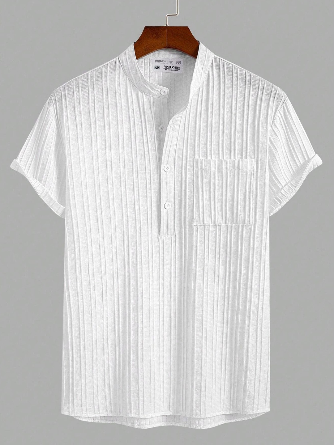 

WOXEN Men Original Fit Mandarin Collar Vertical Striped Casual Shirt, White