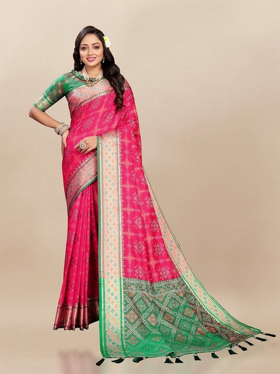 

VARNI FABRICS Ethnic Motifs Woven Design Zari Pure Silk Patola Saree, Pink