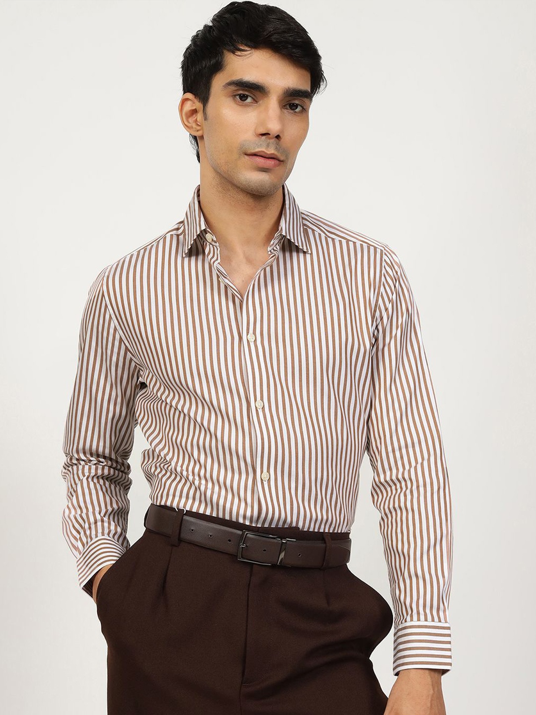 

Andamen Semi Formal Men Cotton Stripe Slim Fit Shirt, White