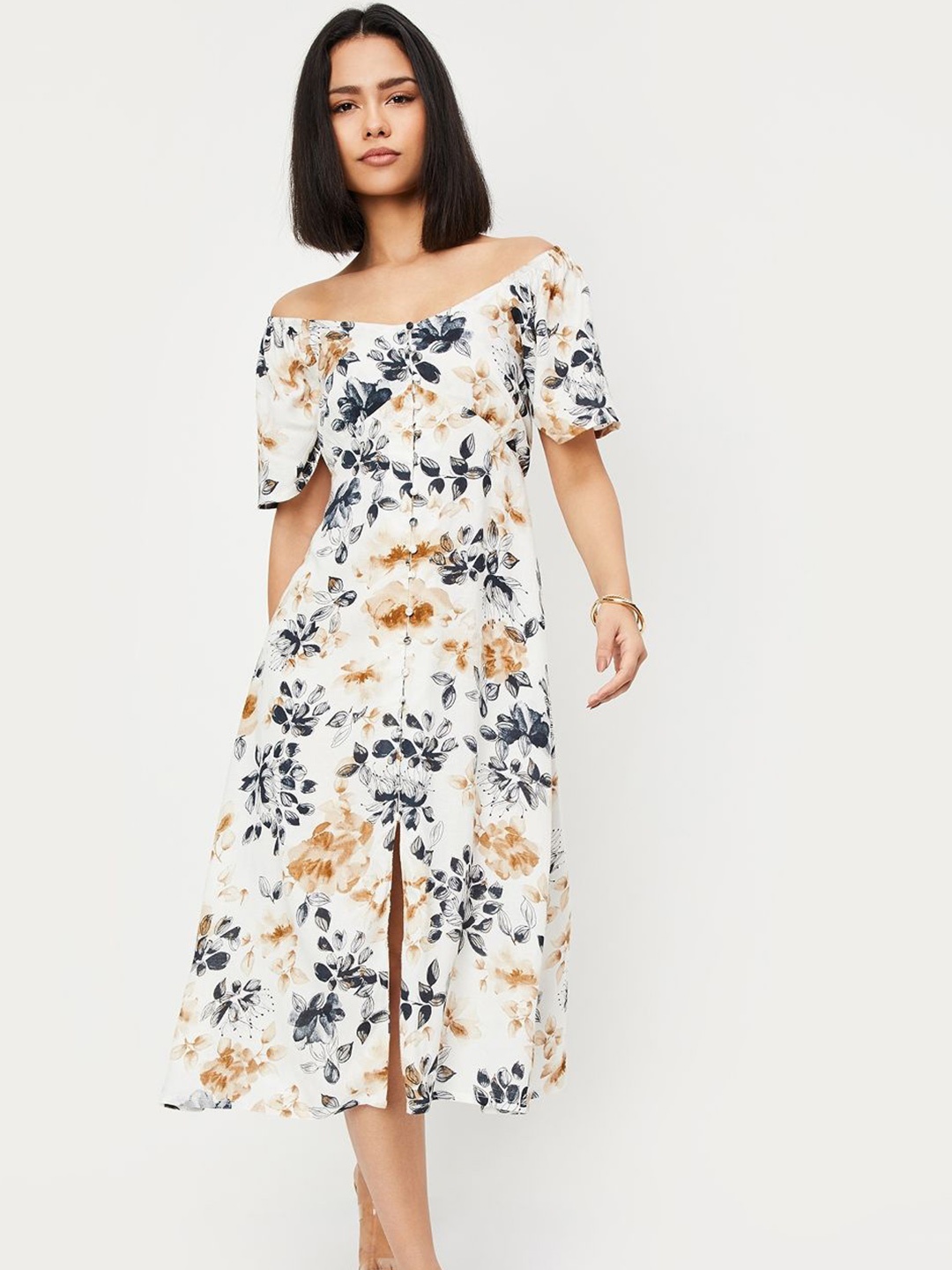 

max Floral Printed Off-Shoulder A-Line Midi Dress, White