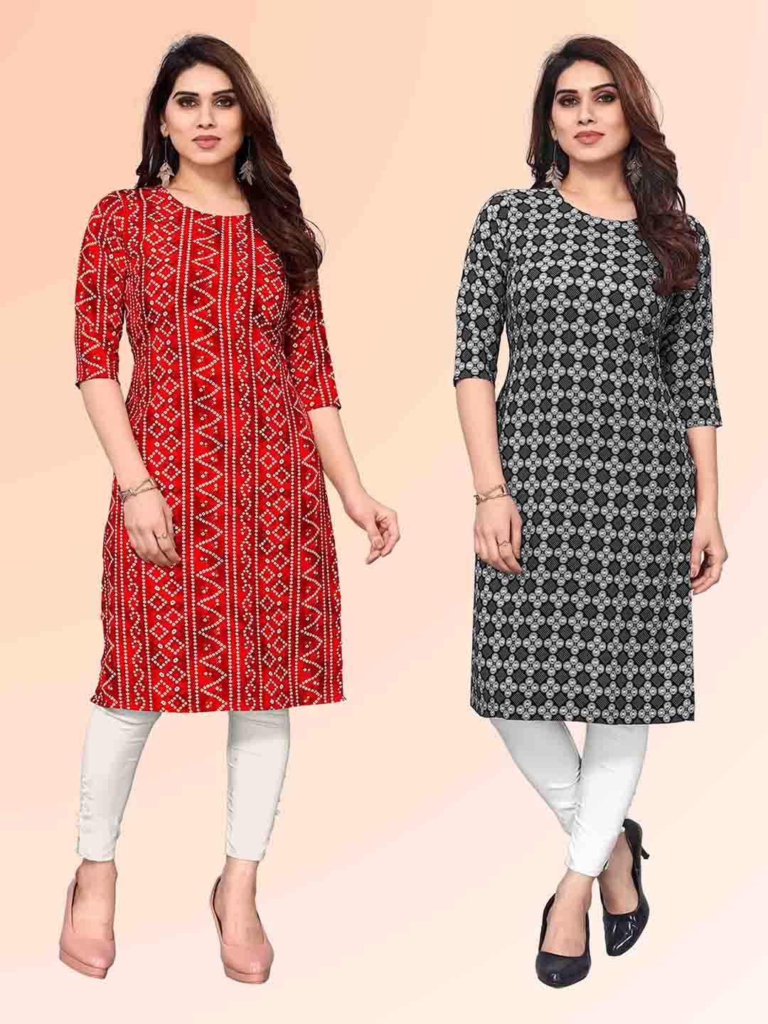 

KETAKI FASHION Selection Of 2 Bandhani Printed Round Neck Straight Kurtas, Red