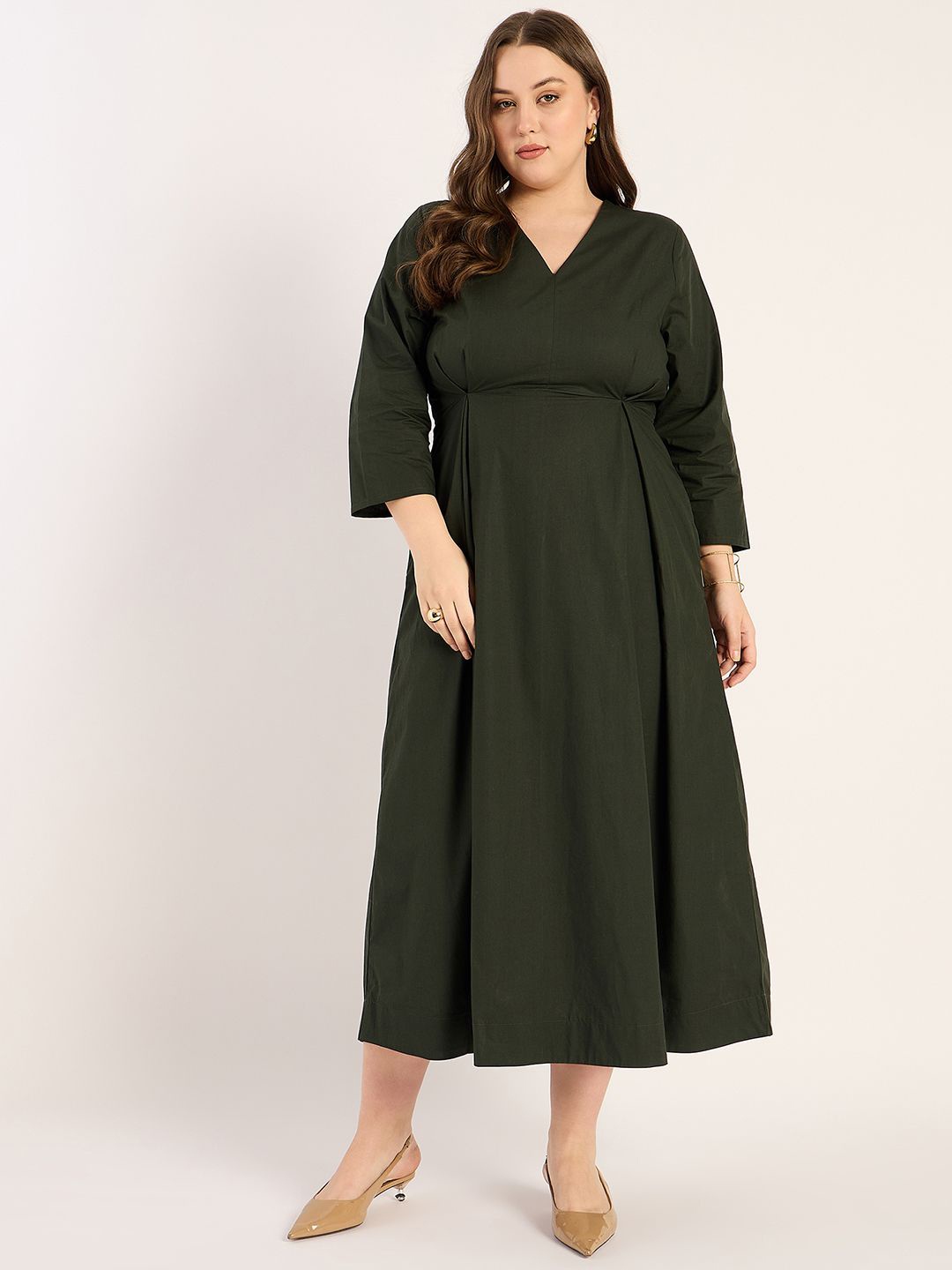 

FEMMELLA Women Cotton V-Neck Plus Size Empire Midi Dress, Olive