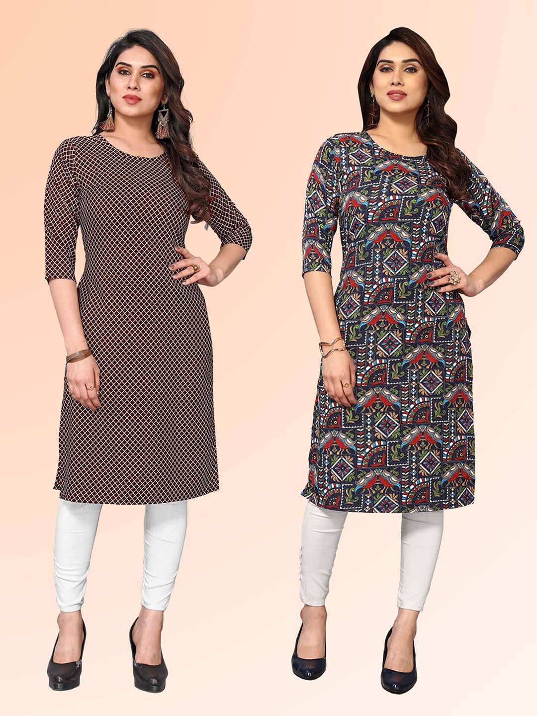 

KETAKI FASHION Selection Of 2 Checked Round Neck Straight Kurtas, Maroon