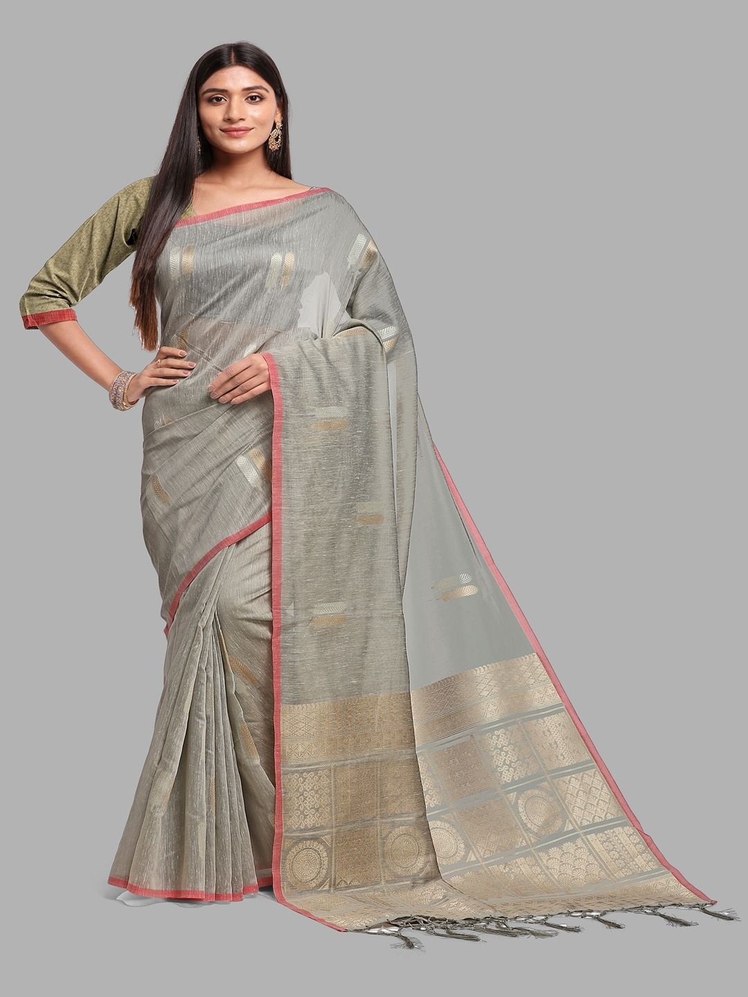 

Krimmple Ethnic Motifs Zari Pure Linen Banarasi Saree, Grey