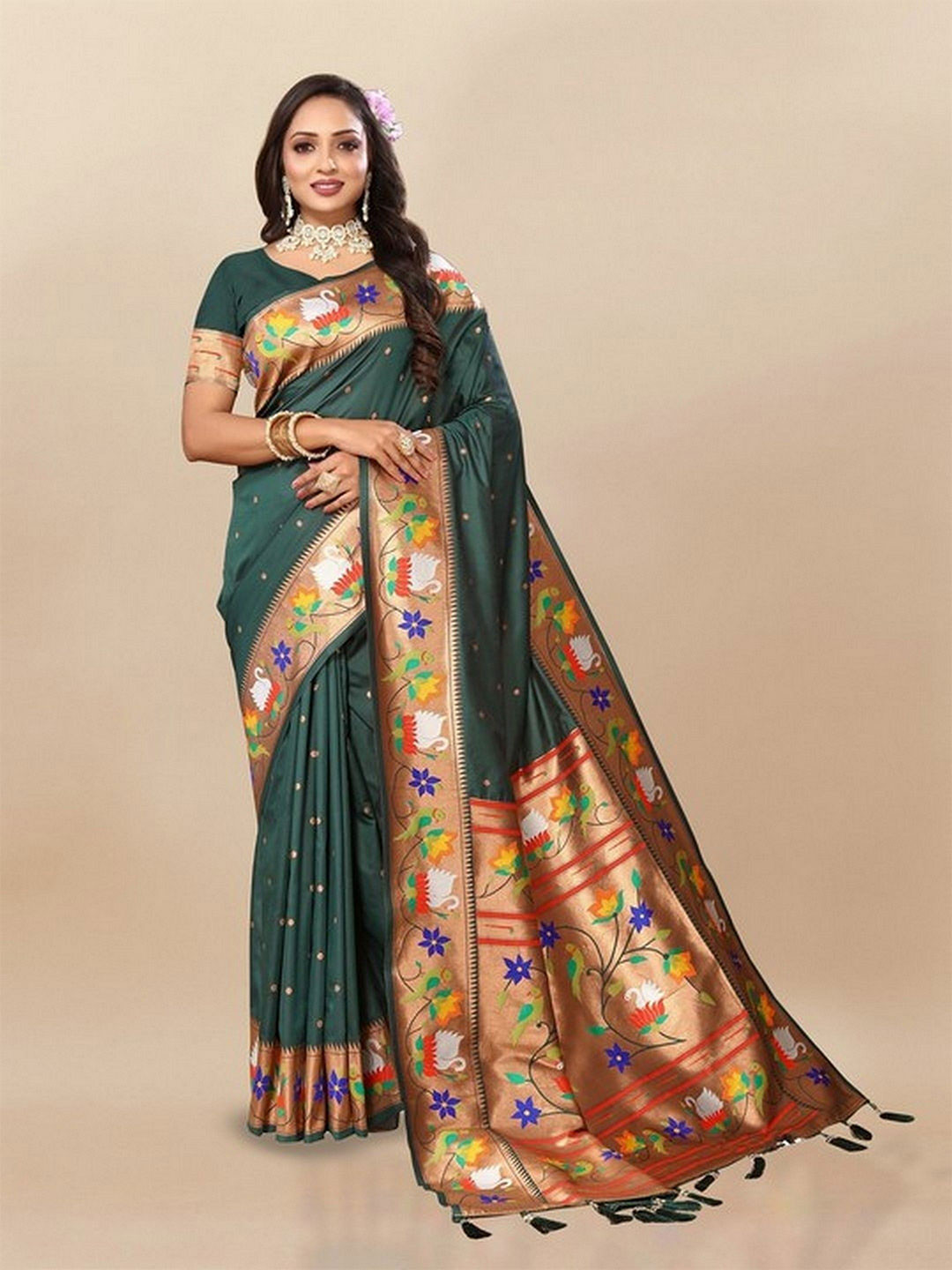 

VARNI FABRICS Ethnic Motifs Woven Design Zari Pure Silk Paithani Saree, Fluorescent green