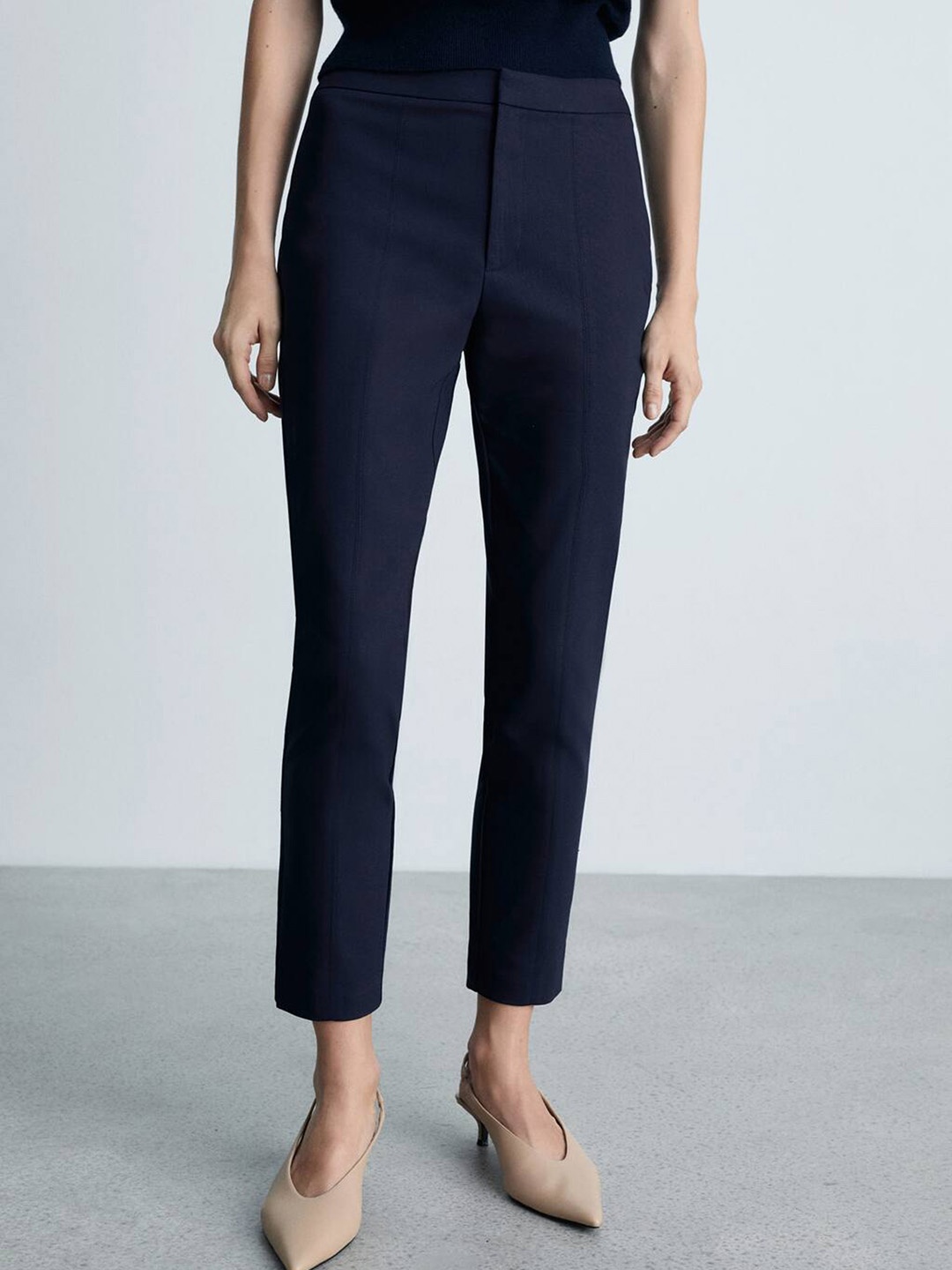 

MANGO Women Crop Straight Fit Trousers, Navy blue