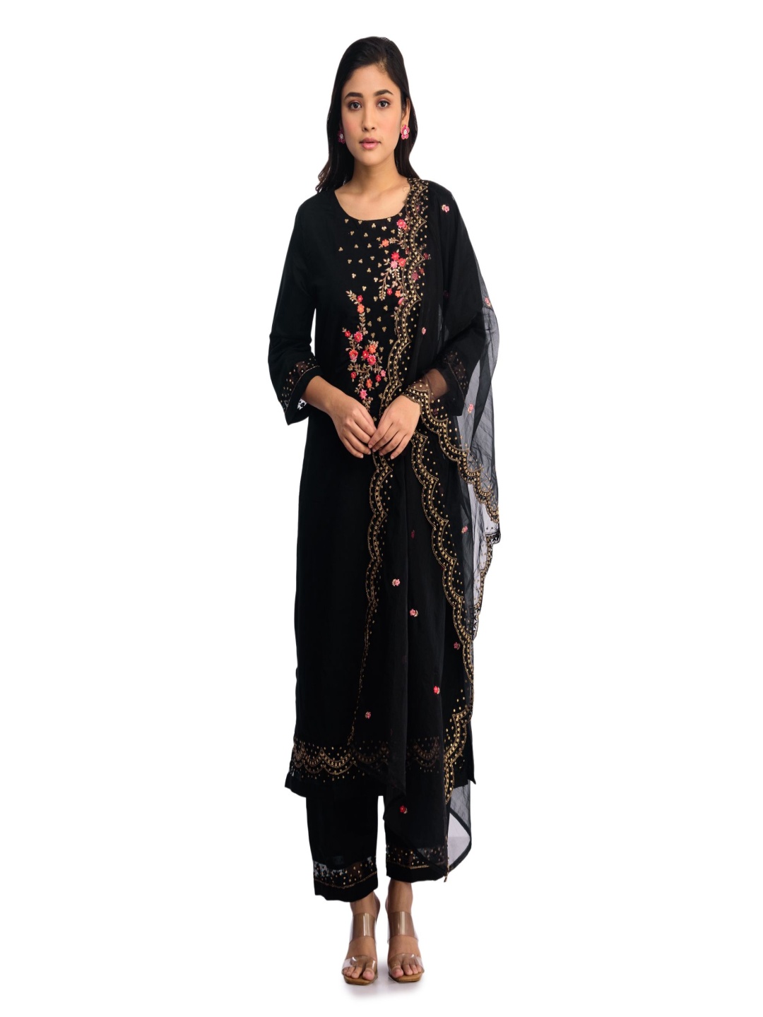 

ISHKIYA Floral Embroidered Kurta With Trouser And Dupatta, Black