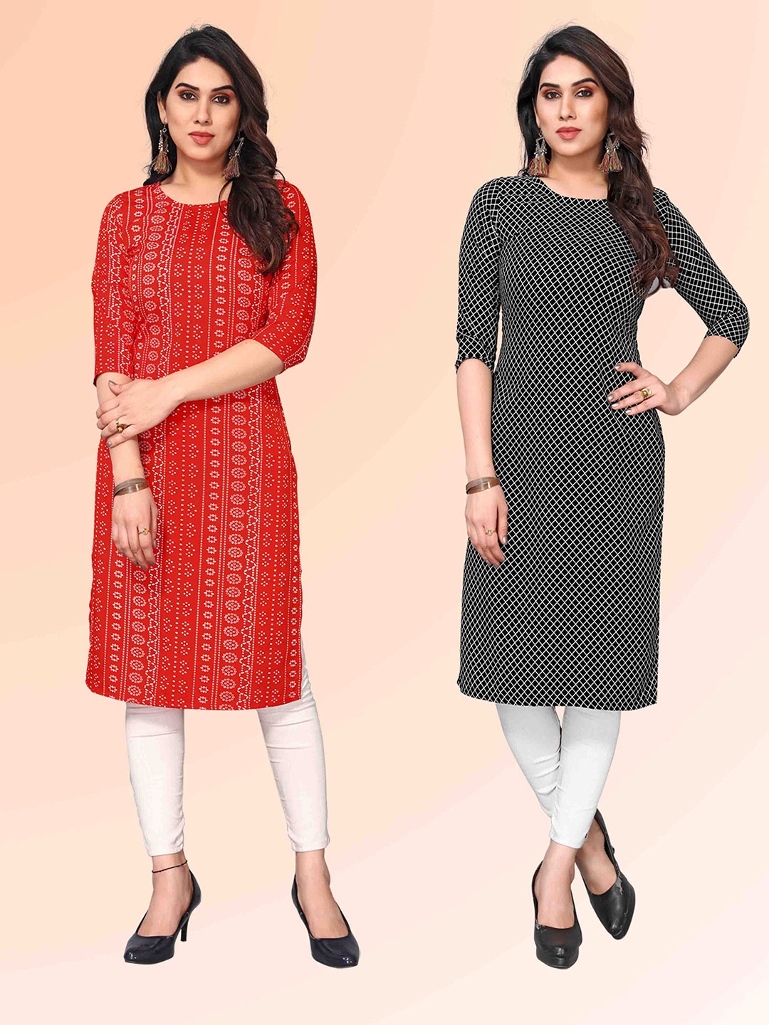 

KETAKI FASHION Selection Of 2 Geometric Printed Round Neck Straight Kurtas, Red