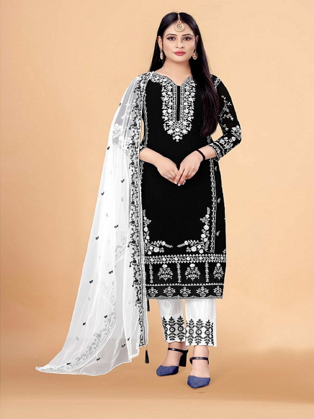 

ZONFAB Embroidered Semi-Stitched Dress Material, Black
