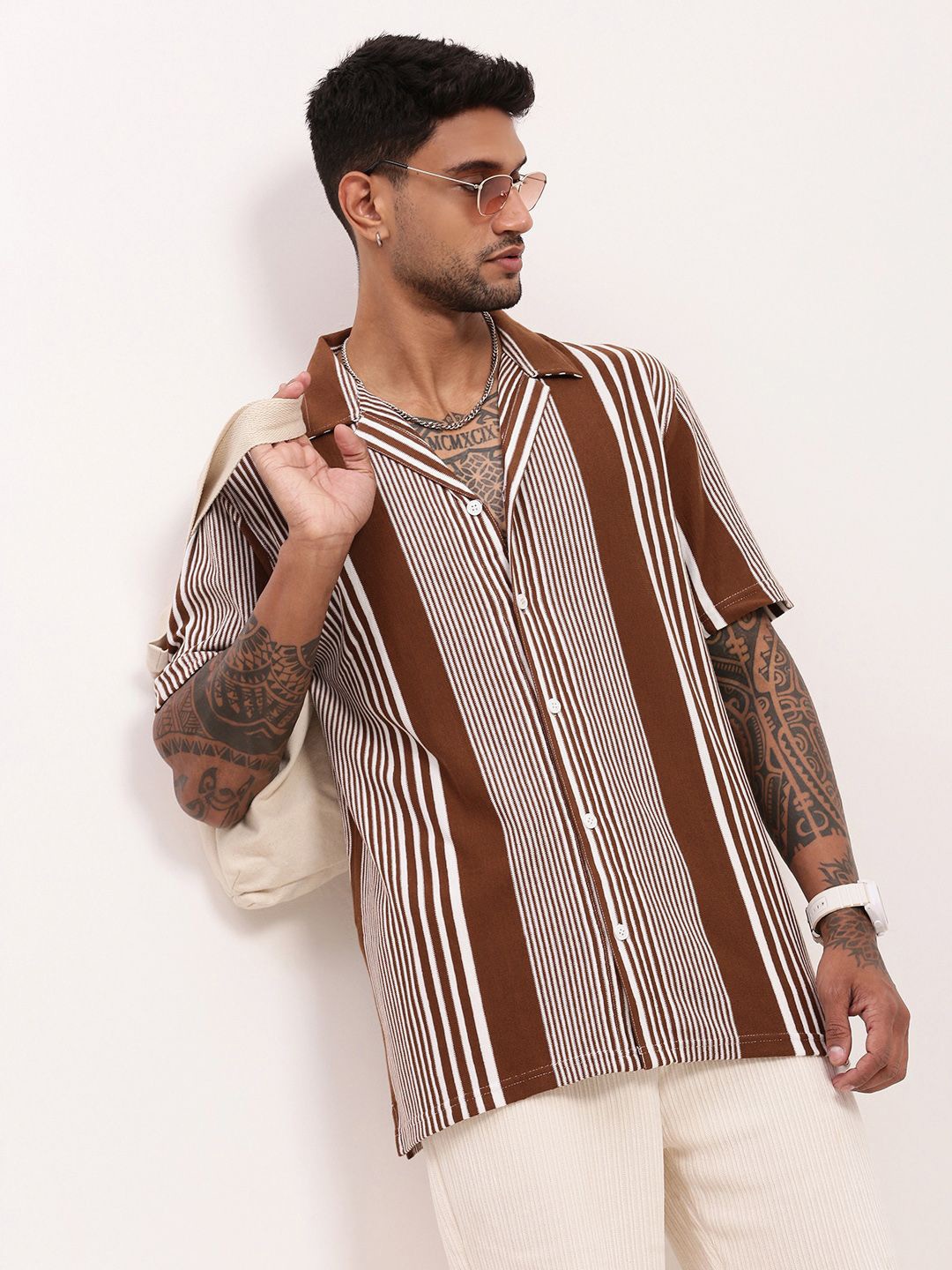 

SHOWOFF Men Comfort Relaxed Fit Cuban Collar Multi Striped Cotton Casual Shirt, Brown