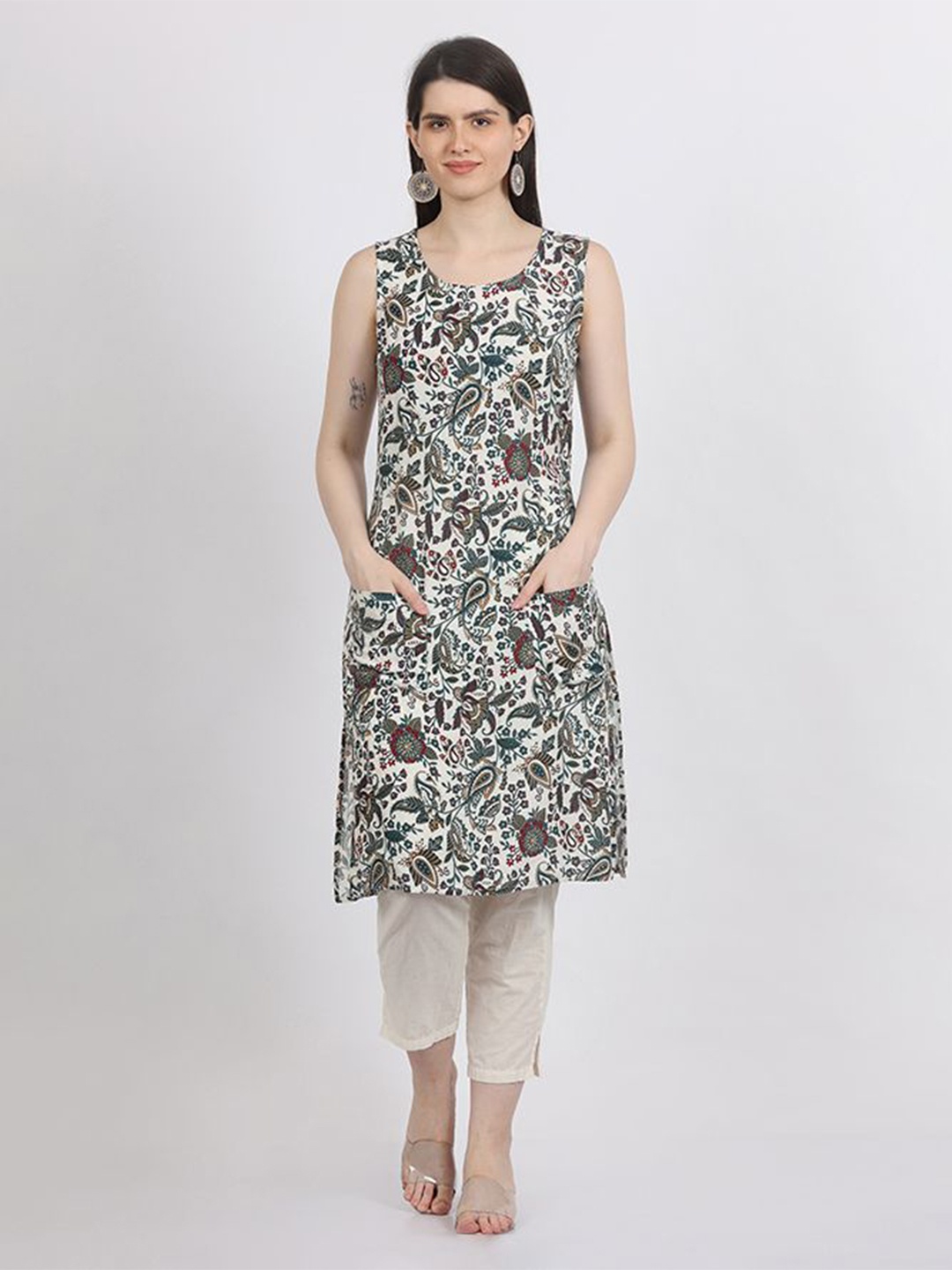 

Krimmple Women Ethnic Motifs Printed Asymmetric Kurta, White