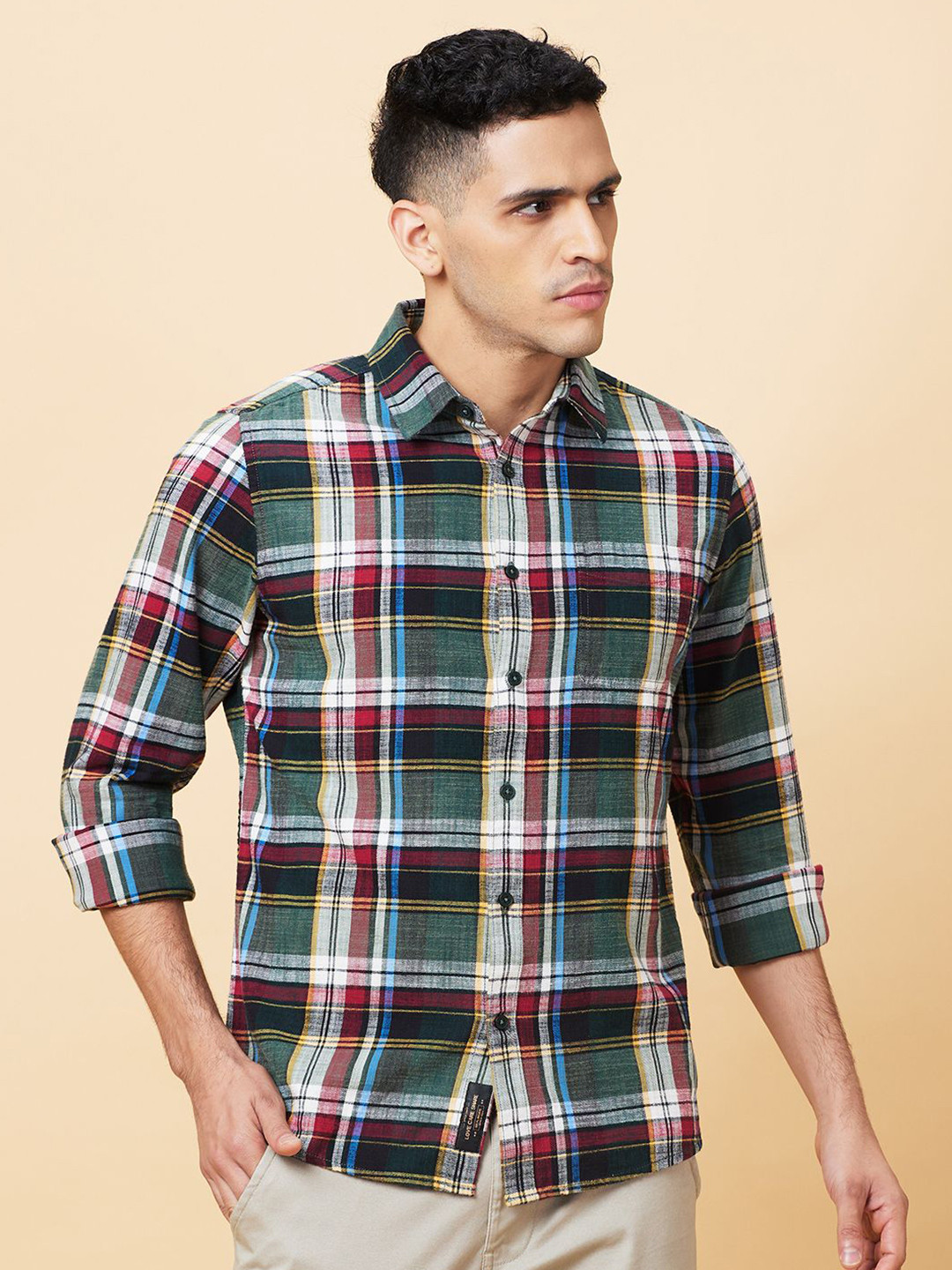 

Being Human Men Classic Slim Fit Spread Collar Tartan Checked Cotton Casual Shirt, Green