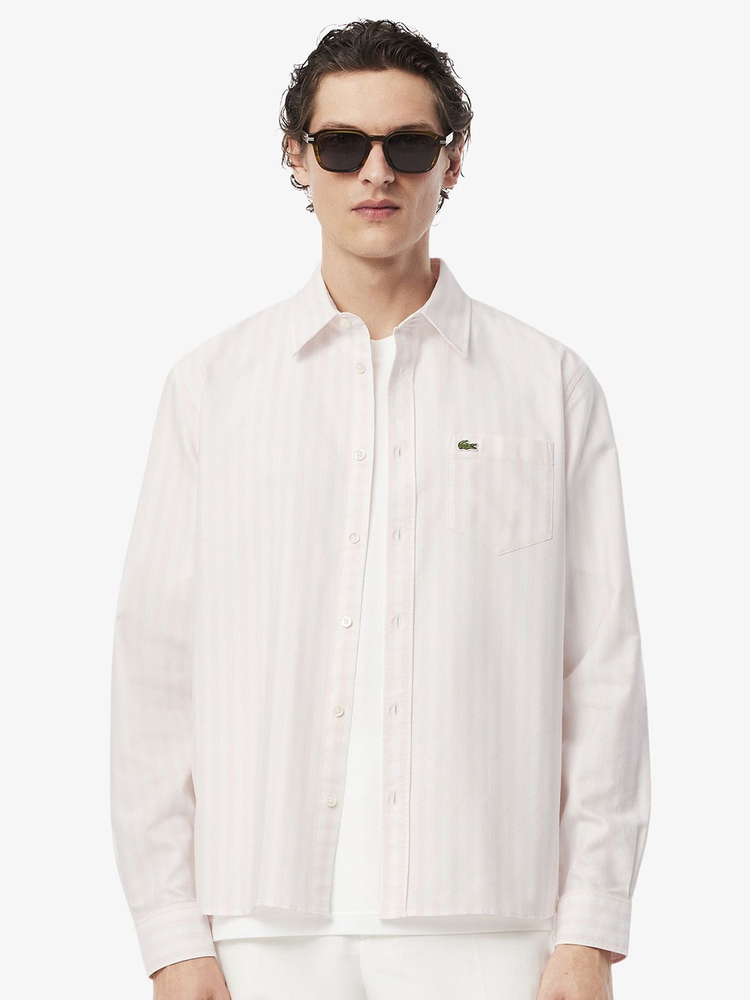

Lacoste Men Spread Collar Solid Cotton Casual Shirt, Pink