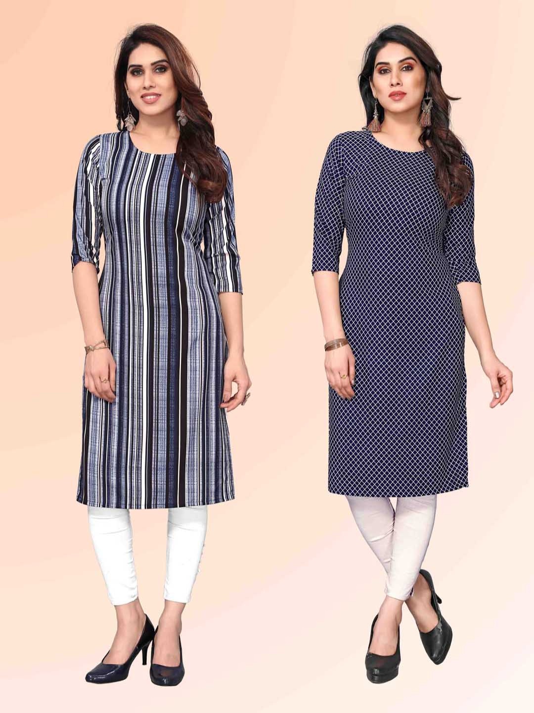 

KETAKI FASHION Selection Of 2 Striped Round Neck Straight Kurtas, Blue