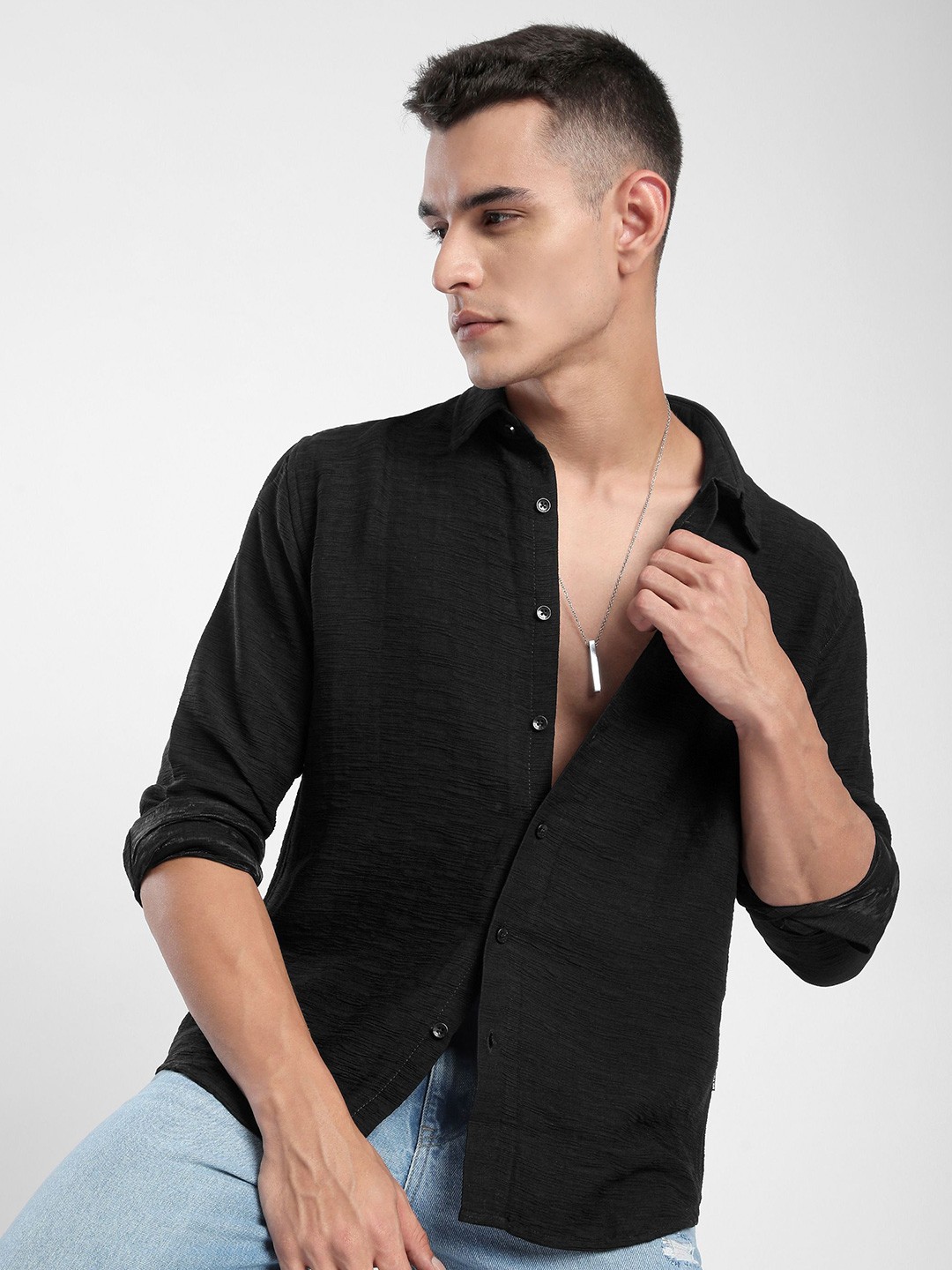 

Beyoung Men Spread Collar Textured Casual Shirt, Black