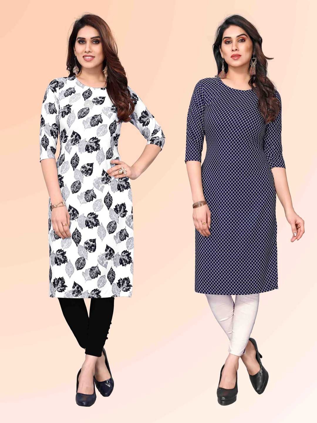 

KETAKI FASHION Selection Of 2 Floral Printed Round Neck Straight Kurtas, White