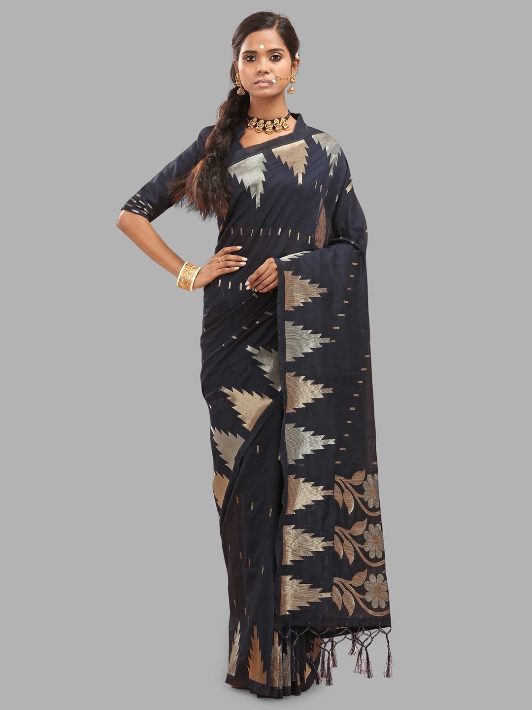 

Krimmple Ethnic Motifs Zari Silk Cotton Gadwal Saree, Navy blue