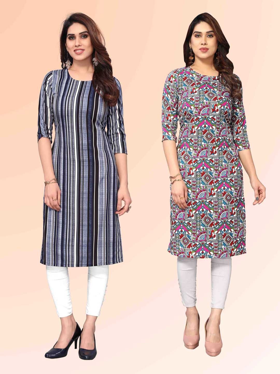 

KETAKI FASHION Selection Of 2 Striped Round Neck Straight Kurtas, Black