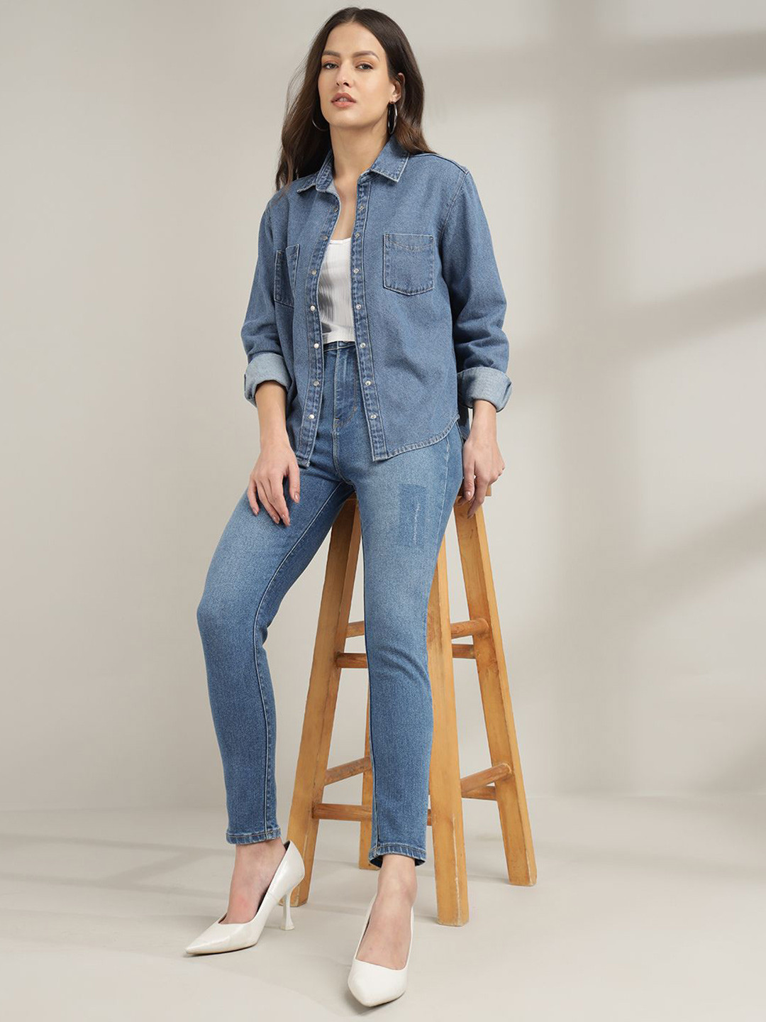 

Xpose Women Comfort Fit Spread Collar Solid Denim Shirt, Blue