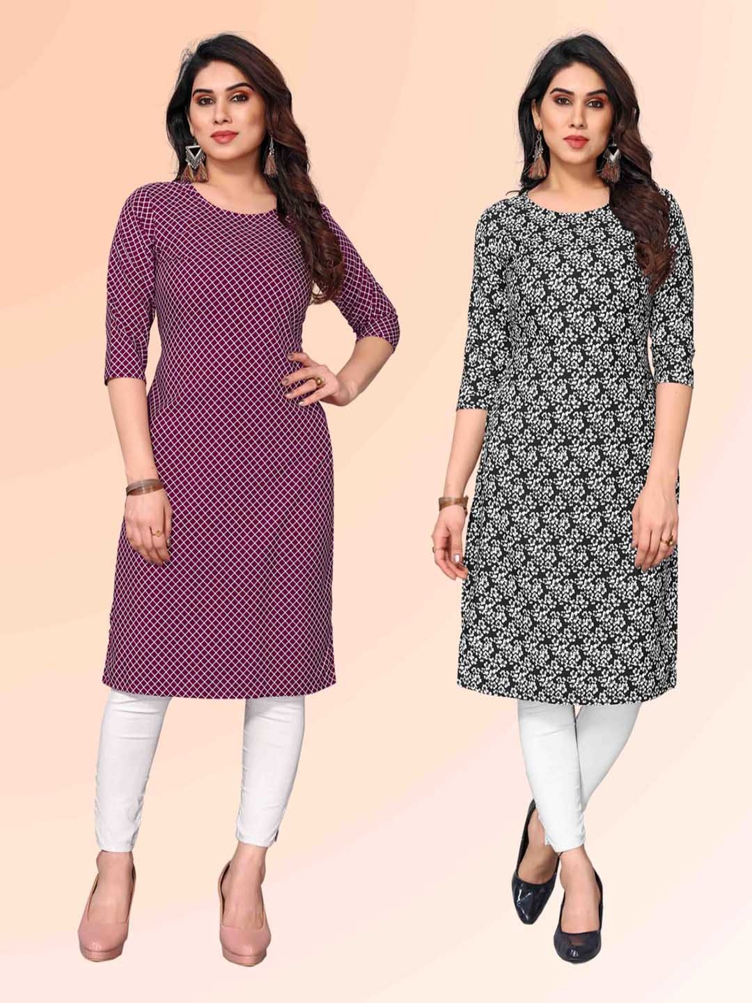 

KETAKI FASHION Selection Of 2 Checked Round Neck Straight Kurtas, Purple