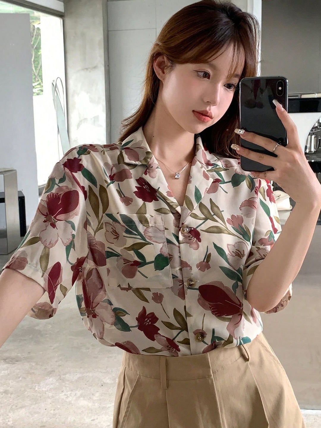 

Just Fab Women Standard Slim Fit Cuban Collar Floral Printed Casual Shirt, Cream