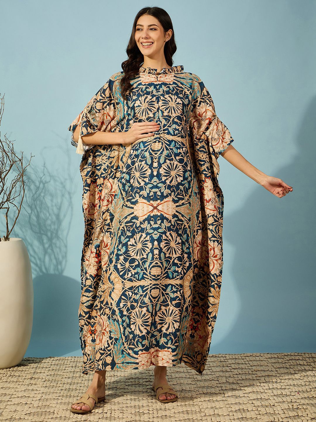 

The Kaftan Company Women Printed Ruffled Maternity Kaftan Maxi Dress, Navy blue