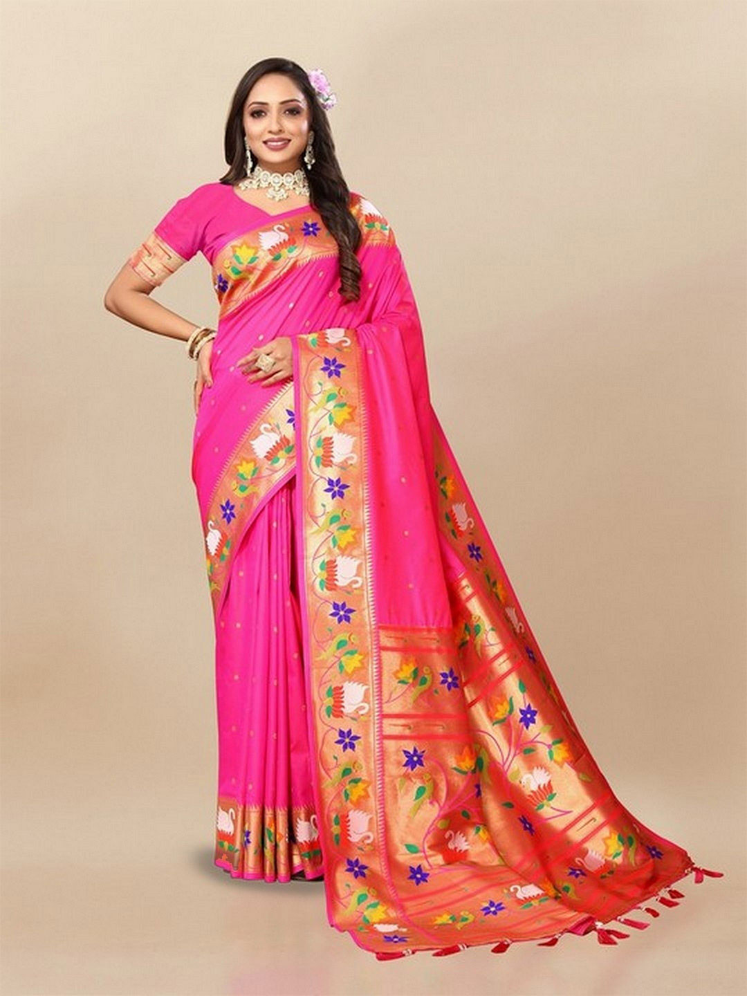 

VARNI FABRICS Ethnic Motifs Woven Design Zari Pure Silk Paithani Saree, Pink