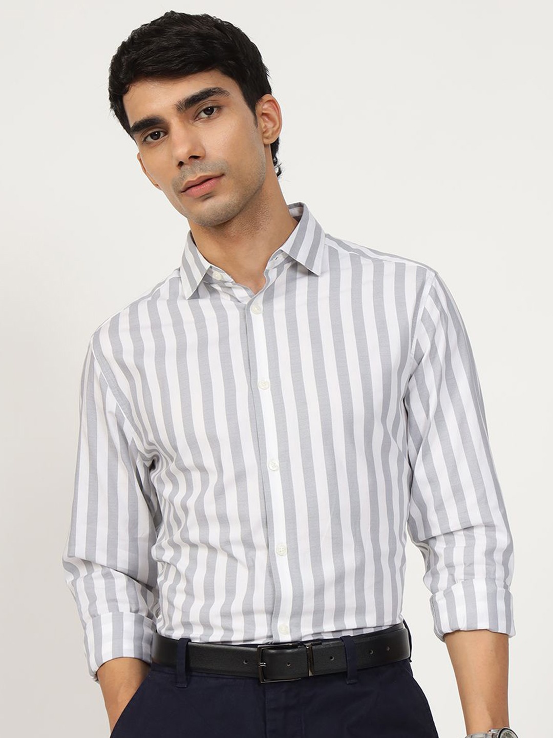 

Andamen Semi Casual Men Cotton Dobby Stripe Regular Fit Shirt, Grey