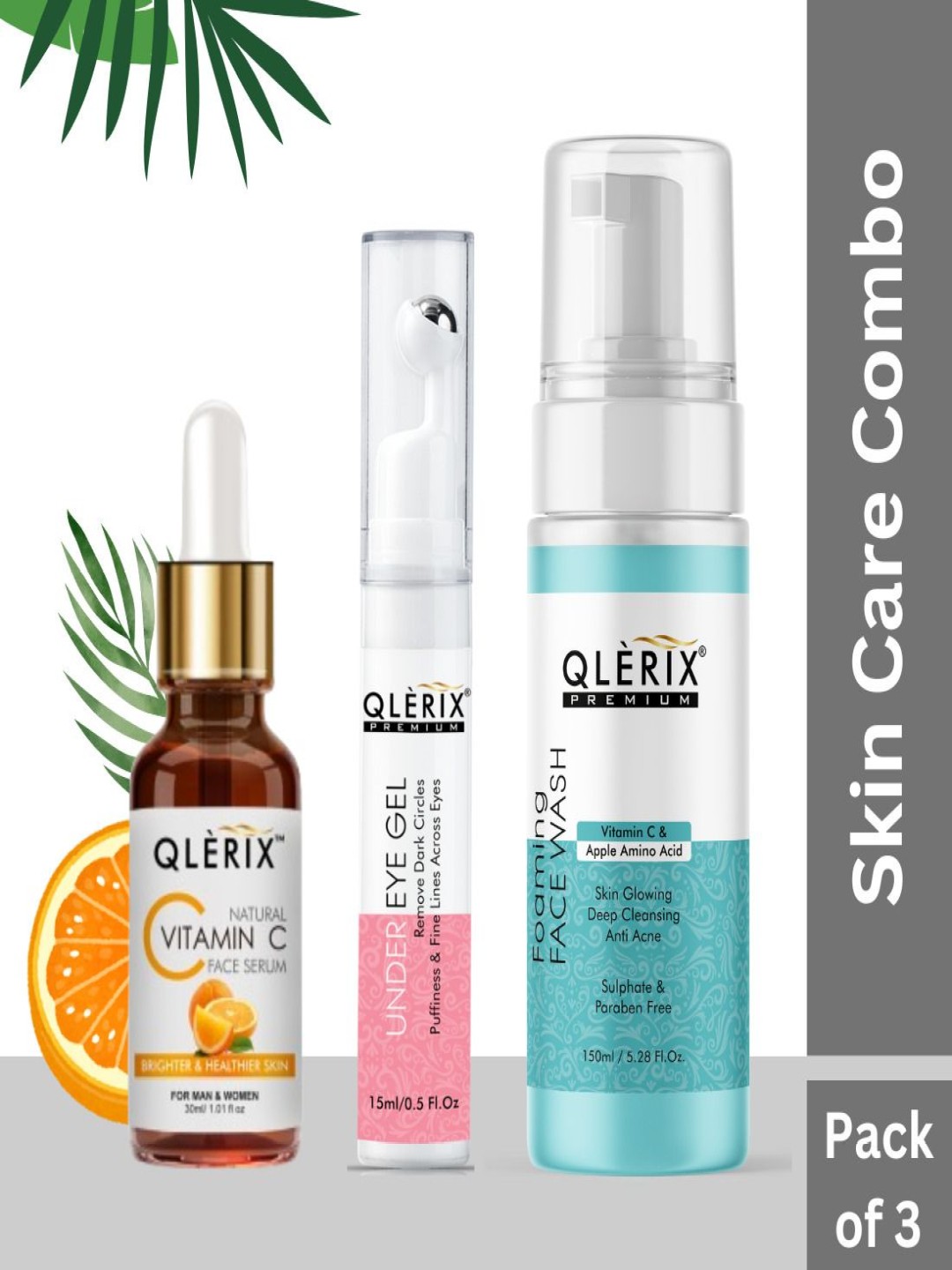 

QLERIX Vitamin C Face Serum - 30 ml & Natural Under Eye Gel - 15 ml & Face Wash -150 ml, White