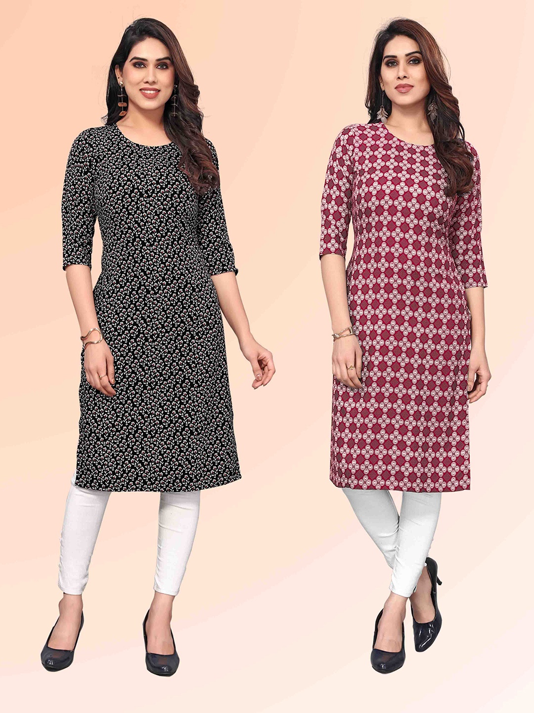 

KETAKI FASHION Selection Of 2 Floral Printed Round Neck Straight Kurtas, Black