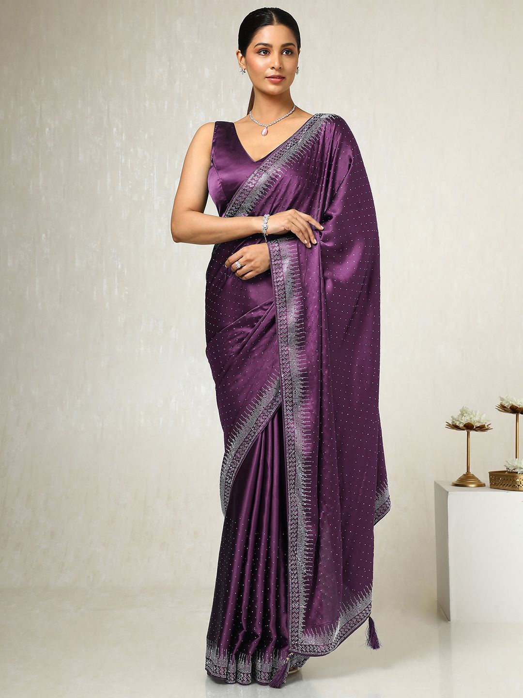 

Soch Embellished Beads and Stones Satin Saree, Purple