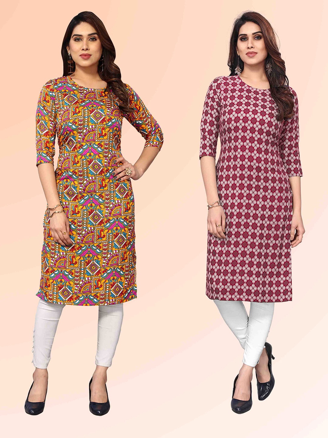 

KETAKI FASHION Selection Of 2 Ethnic Motifs Printed Straight Kurtas, Mustard