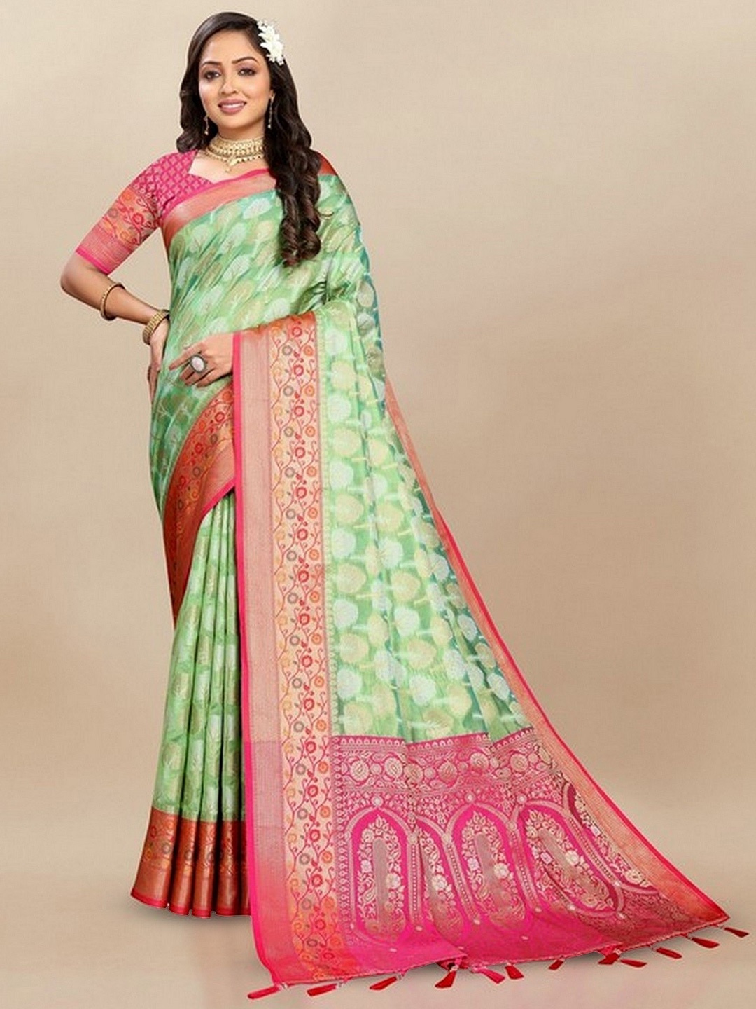 

VARNI FABRICS Woven Design Zari Banarasi Saree, Green