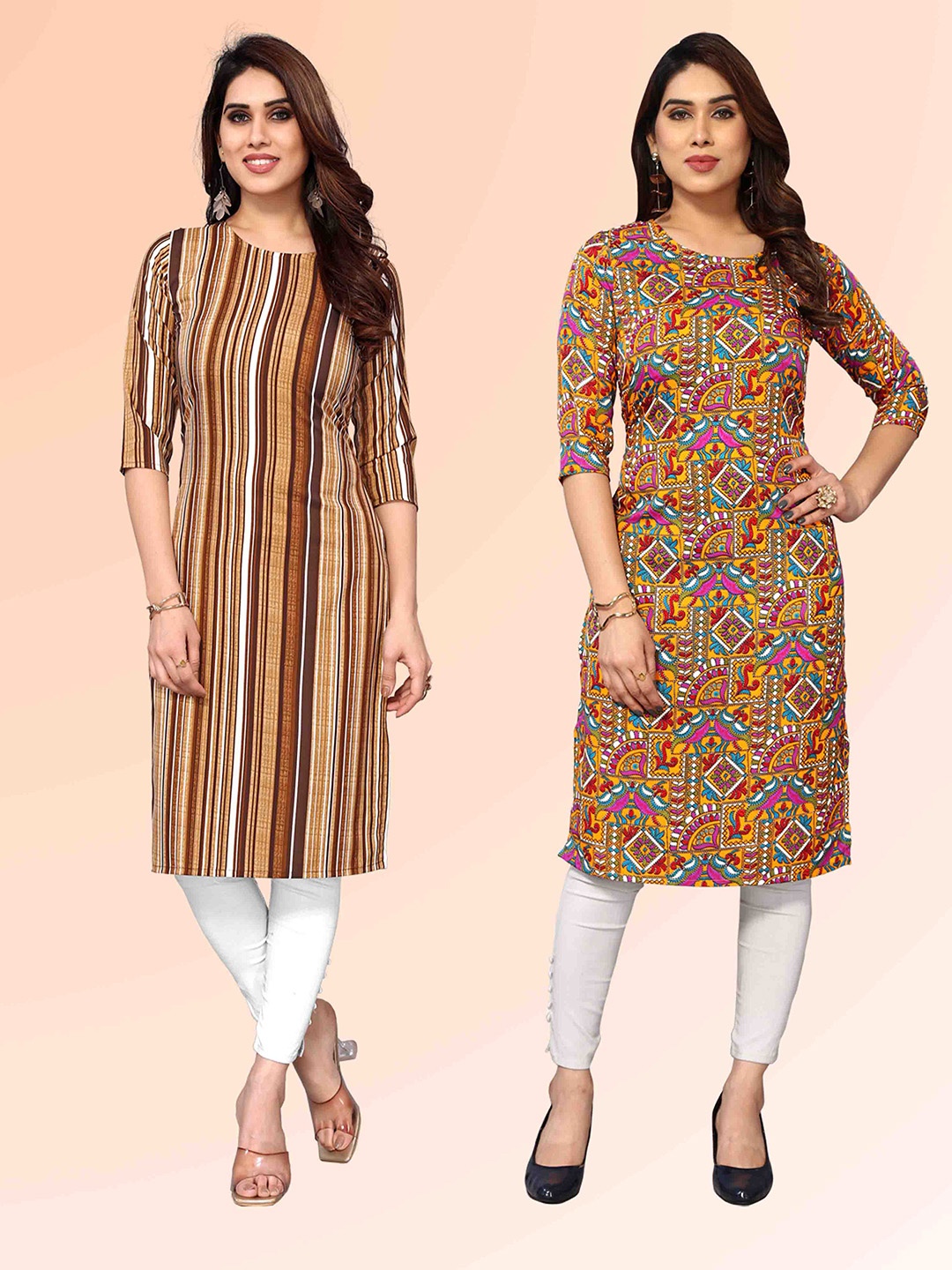 

KETAKI FASHION Selection Of 2 Striped Round Neck Straight Kurtas, Beige