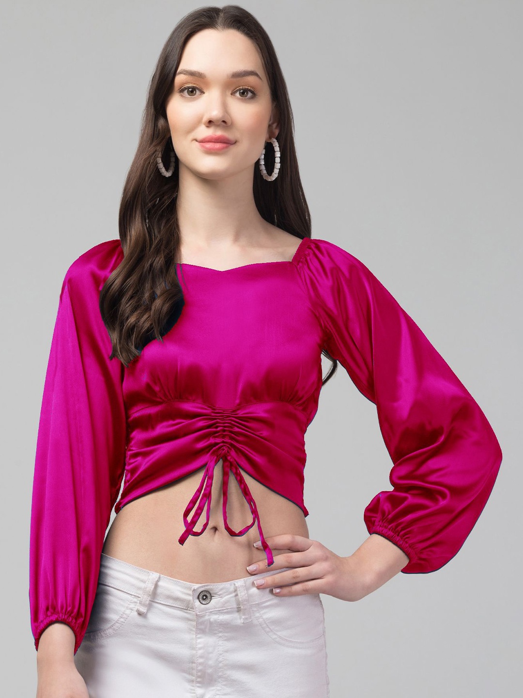 

CULPI Women Cinched Waist Satin Crop Top, Pink