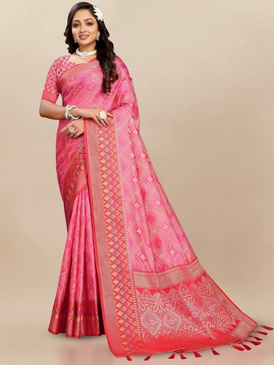 

VARNI FABRICS Woven Design Zari Banarasi Saree, Pink