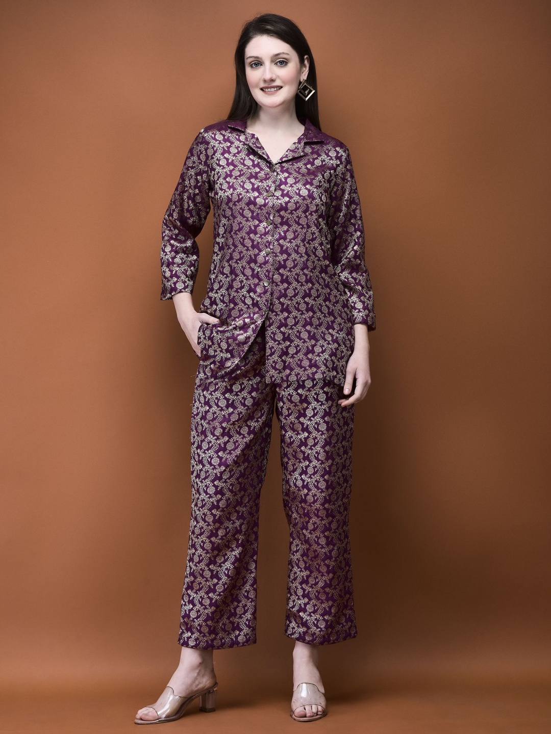 

Shree Woven Design Lapel Collar Liva Shirt With Trouser, Purple