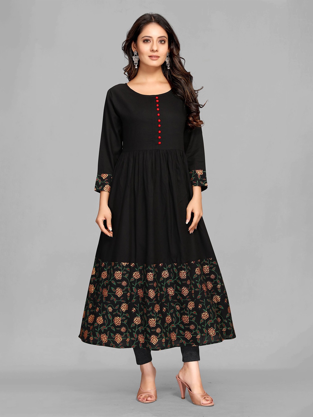 

Krimmple Women Floral Printed Anarkali Kurta, Black