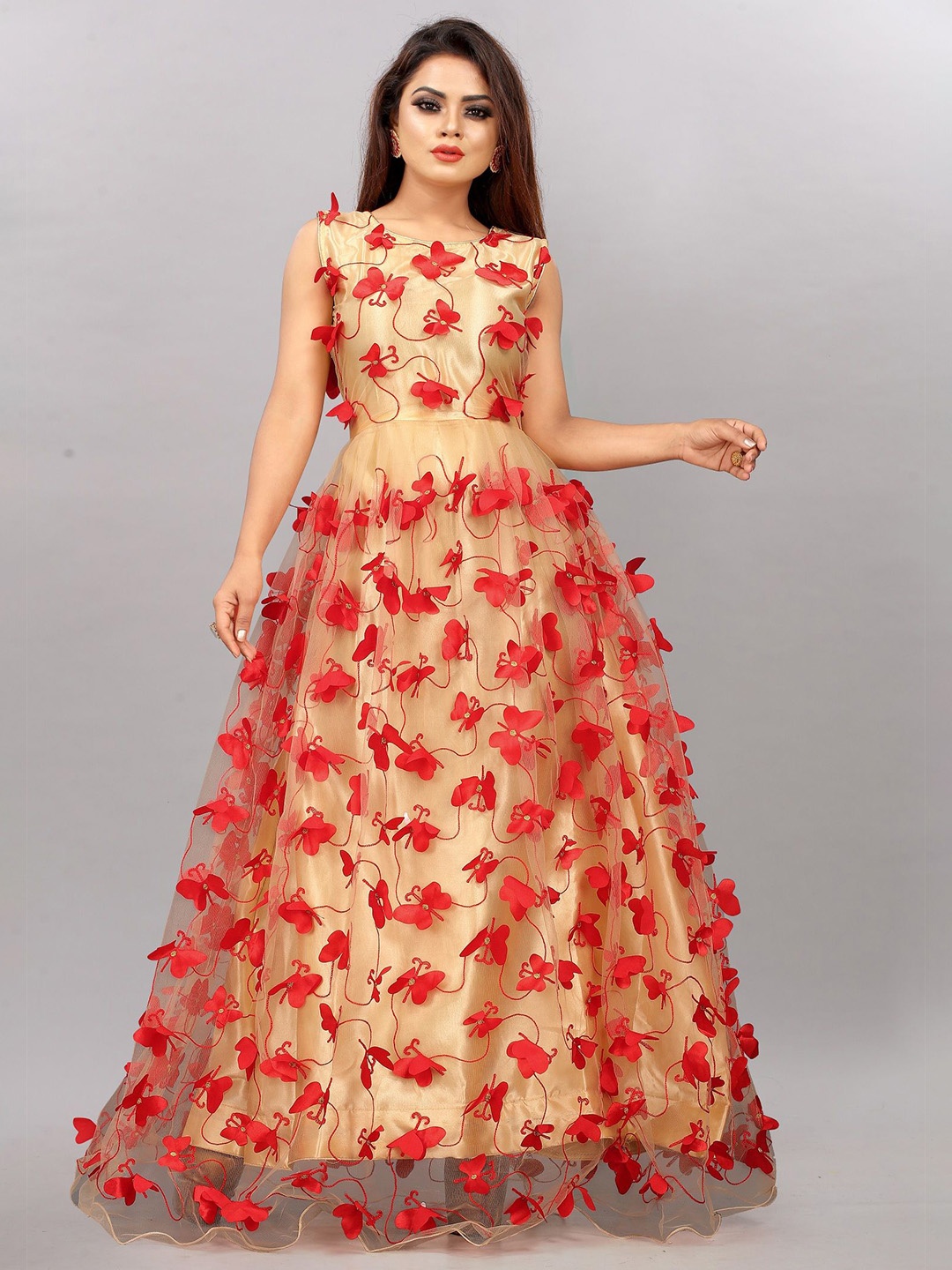 

A TO Z CART Women Floral Embroidered Gown Maxi Dress, Beige