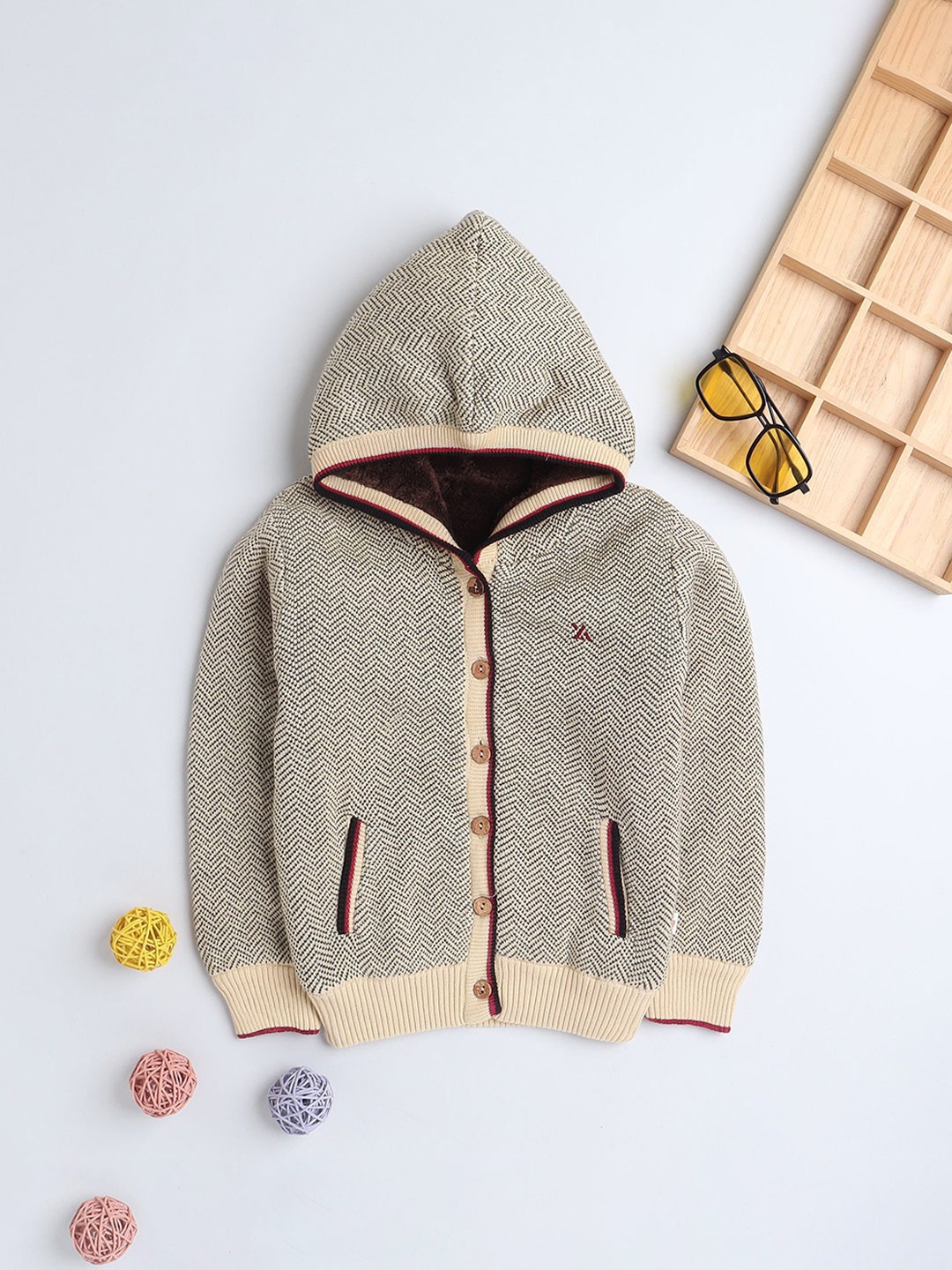 

Yellow Apple Boys Woollen Hooded Cardigan, Beige